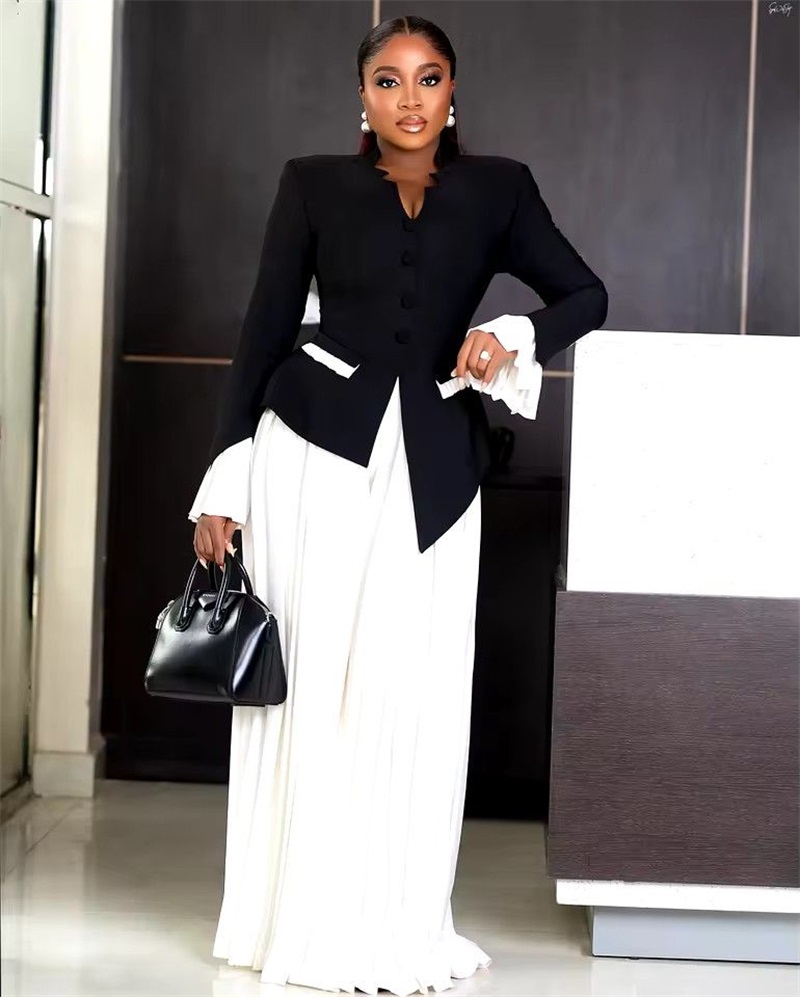 Women Formal Wear With Black Blazer - White Black Women Suits Set 2