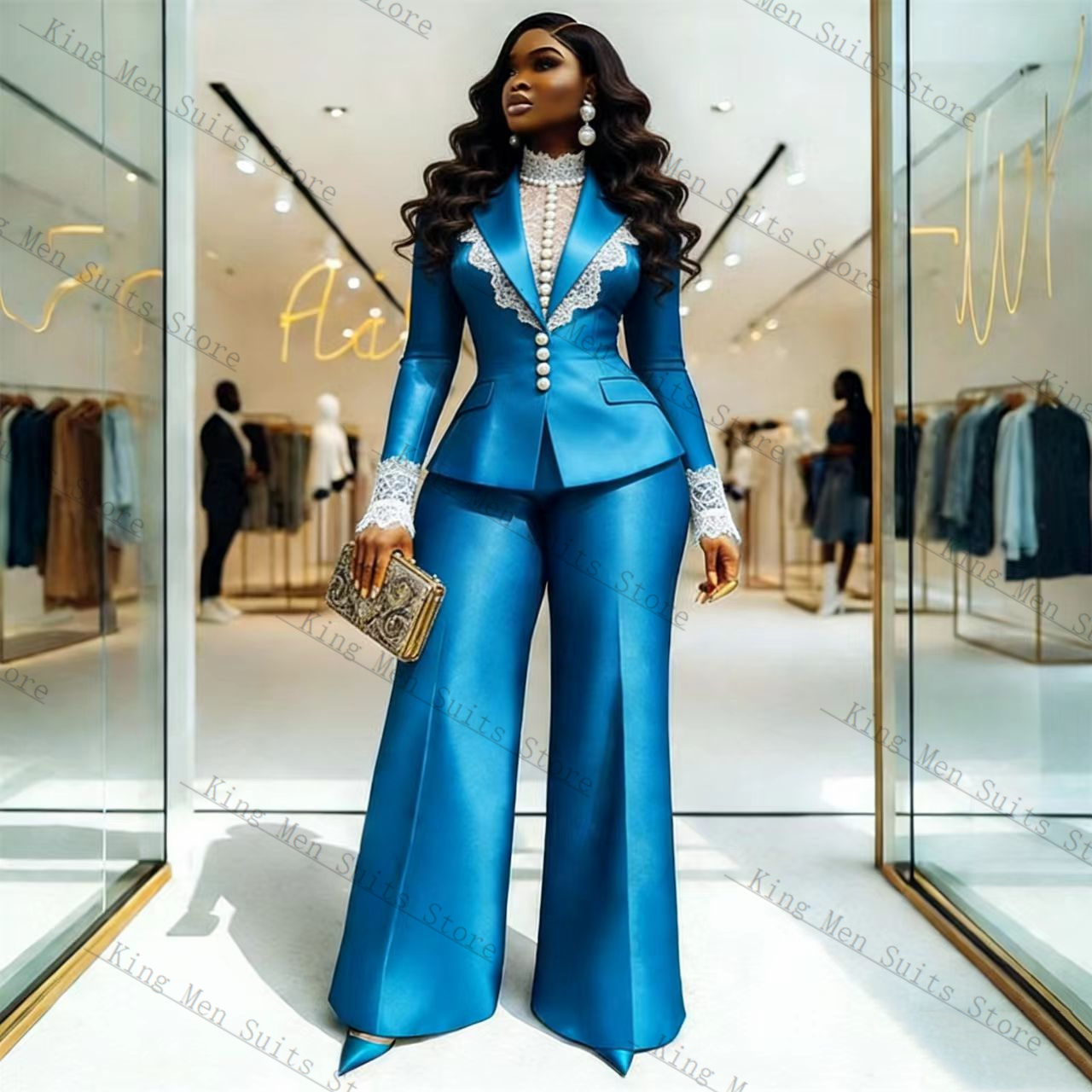 Blue Satin Lace Women Suit Set - Women'S Formal Wear Jackets review and price